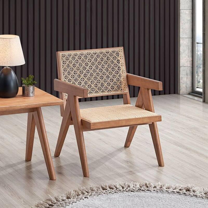Wooden Accent Chair in Rattan and Natural Finish