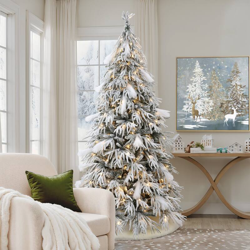 7.5Ft Pre-Lit Hinged Snow Flocked Slender Artificial Christmas Tree - 90" H x 52" Diameter