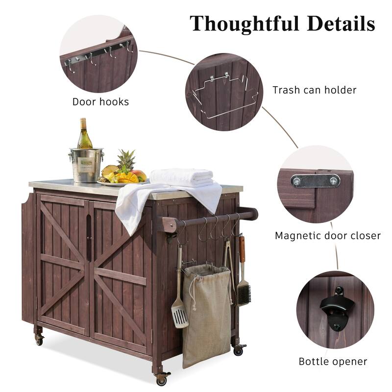 42.1" Outdoor Kitchen Island with Side Shelf, Stainless Steel Top, Adjustable Shelf & 4 Wheels