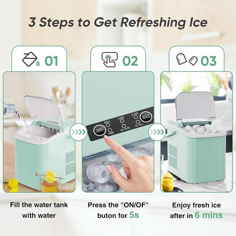 Countertop Ice Maker Machine Self-Cleaning Fast Making 9 Ice Cubes in 6 Minutes 2 Sizes Bullet Ice Portable Ice Machine