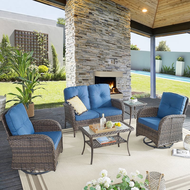 Pocassy Outdoor Sofa Swivel Glider Chair with Table - Brown - Blue