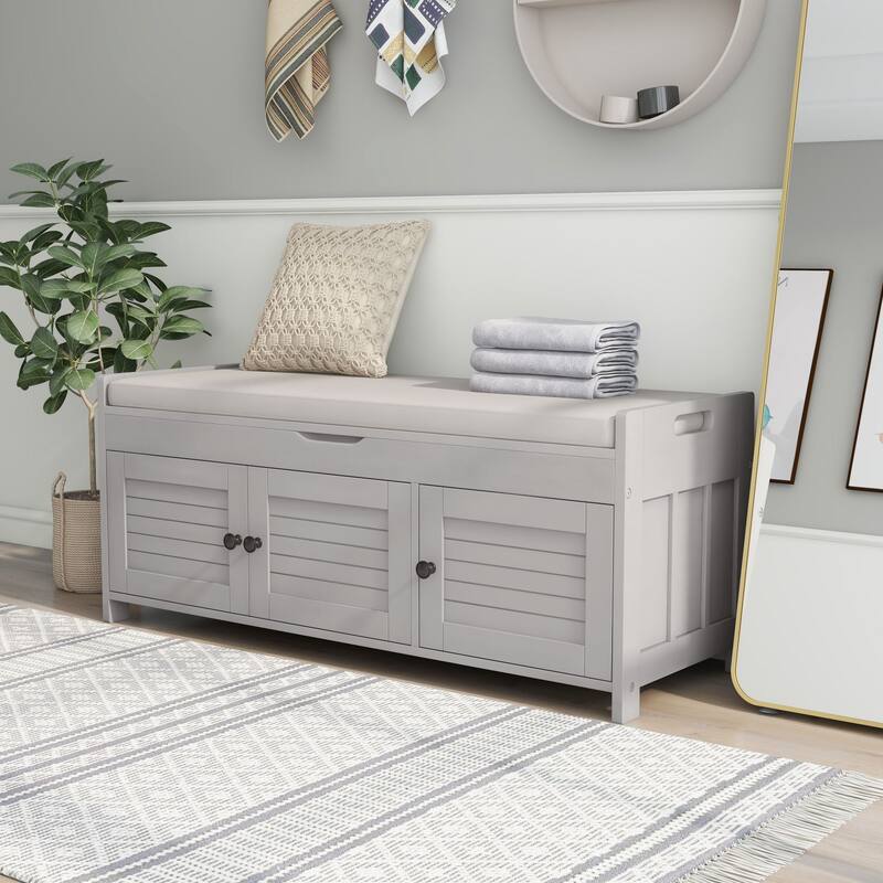 Wood Storage Bench with 3 Shutter-Shaped Doors and Flip-Open Storage Box, Entryway Shoe Bench with Adjustable Shelves - Gray Wash