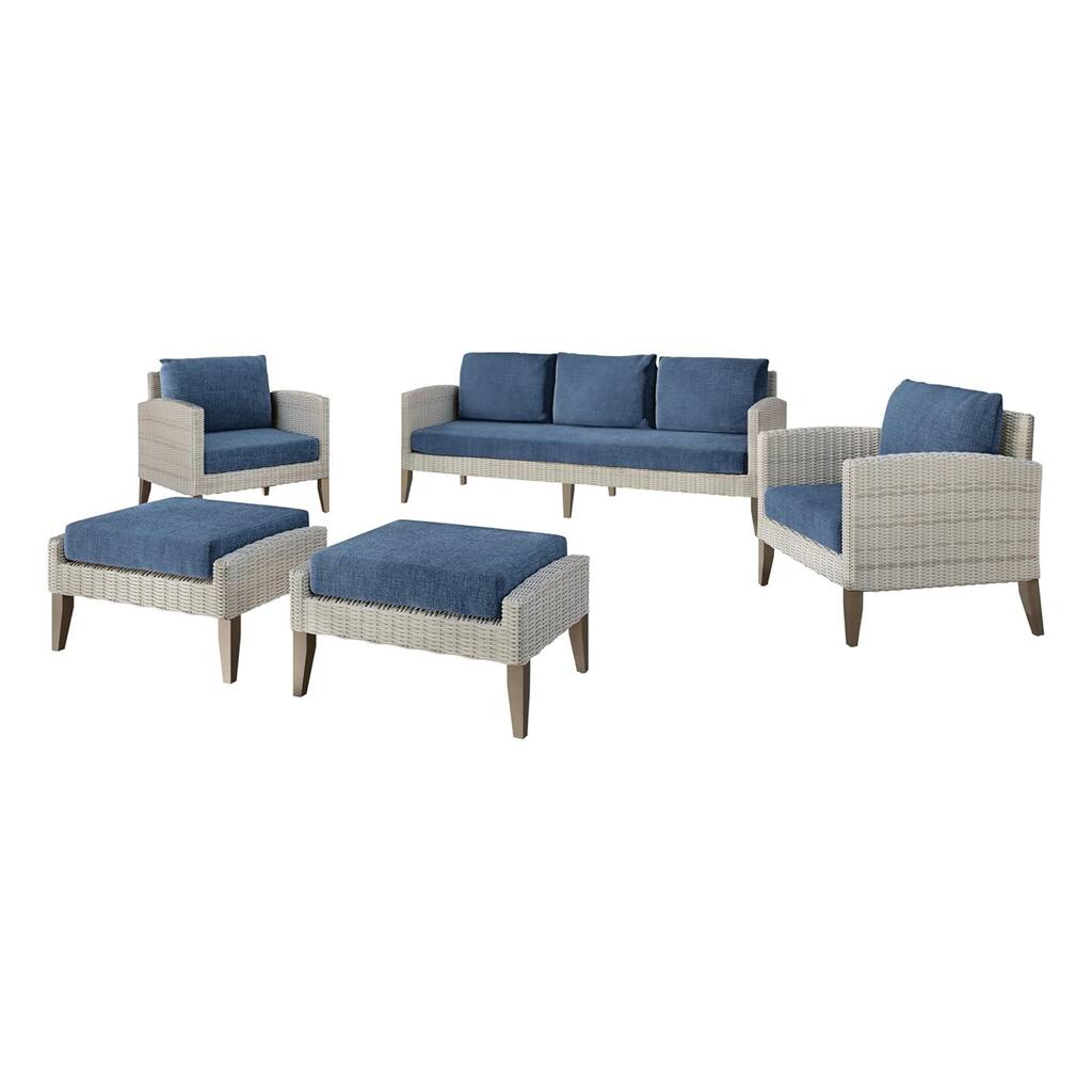 Azy 5pc Outdoor Sofa Set w Stools and Chairs, Woven Gray Frame, Blue