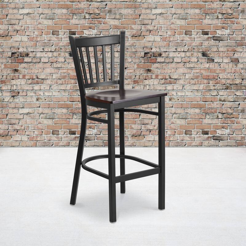 Vertical Back Metal Restaurant Barstool - 16"W x 18.625"D x 42"H - 16"W x 18.625"D x 42"H - Walnut Wood Seat/ Black Metal Frame