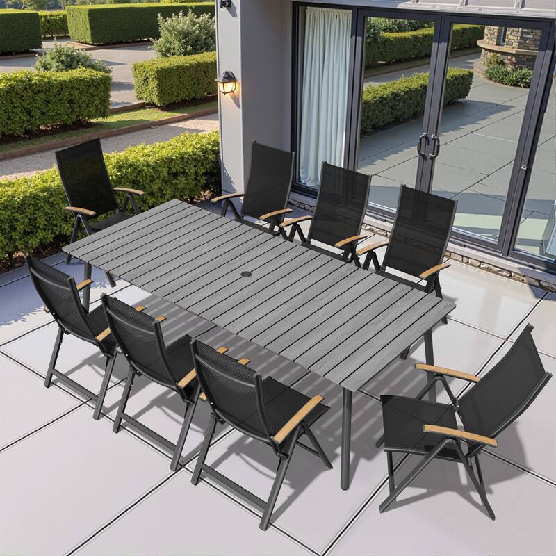 7/9-Piece Outdoor Rectangle Aluminum Dining Table with Umbrella Hole include Folding Chairs - 94.5in-GreyTable-9PC