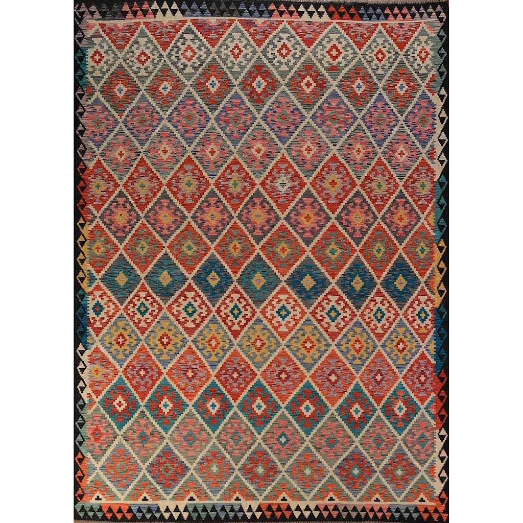 Trellis Kilim Oriental Area Rug Hand-Woven Wool Carpet - 8'2" x 11'2"