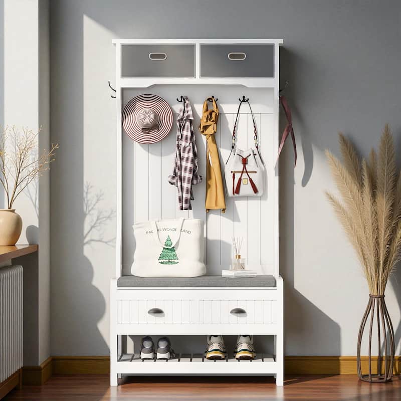 69'' H Hall Tree with 6 Hooks, Bench & Drawers, 3-in-1 Entryway Storage Organizer with Shoe Shelf for Hallway - White