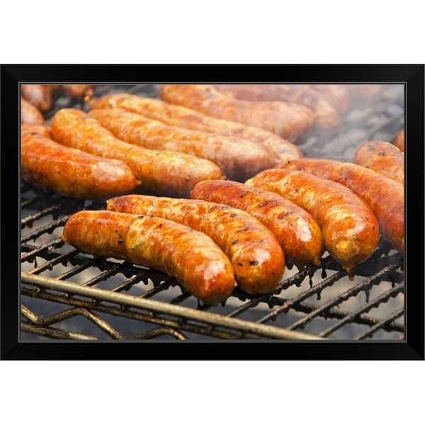 "Sausages on barbeque" Black Framed Print