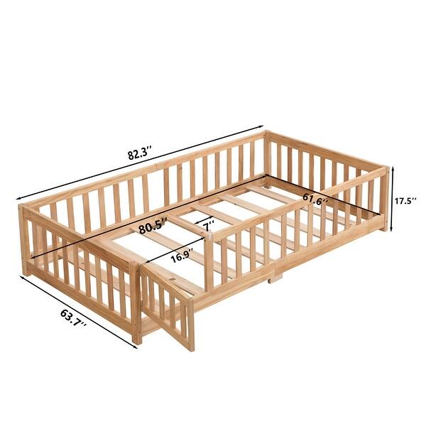 dimension image slide 1 of 2, Queen Size Floor Bed with Door,Solid Wood Platform Bed Frame w/Fence
