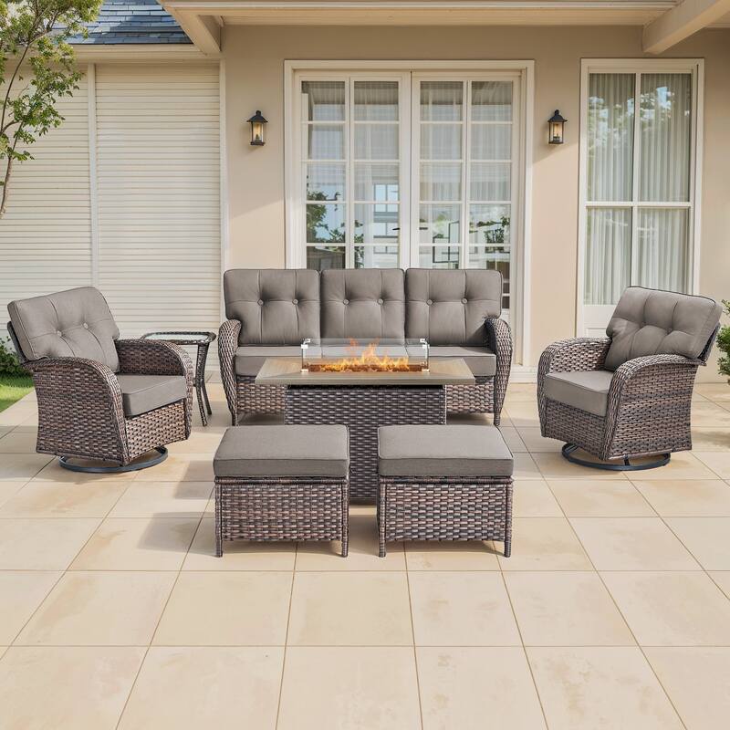 Gymojoy Outdoor Wicker Patio Furniture Sofa Set with 55,000 BTU Fire Pit Table, Swivel Chairs, Ottomans & Side Tables - Brown Wicker / Grey Cusion - 7-Piece