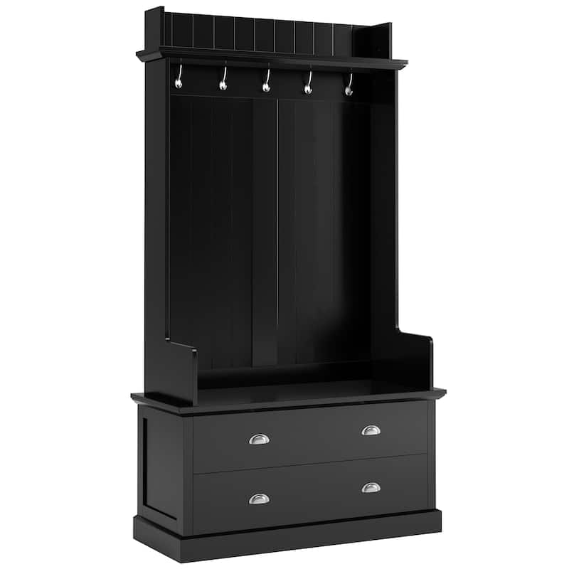 Hall Tree Storage Bench with 5 Metal Hooks and 2 Large Drawers Metal