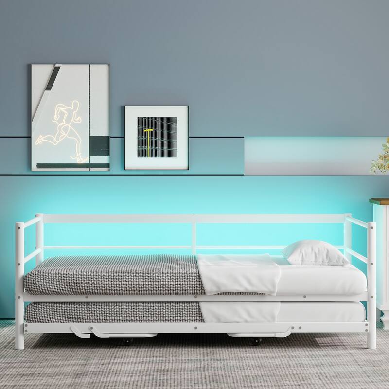 Twin Size Metal Daybed with LED Light, Adjustable Trundle, White