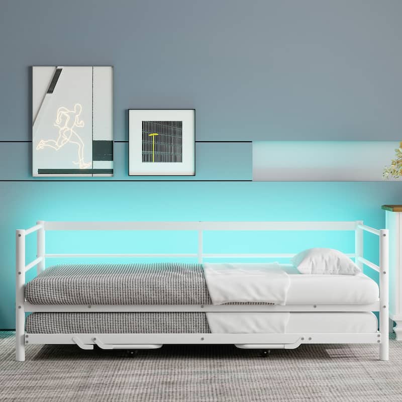 Twin Size Metal Daybed with LED Lights, Pop-Up Trundle, and 350lb Weight Capacity