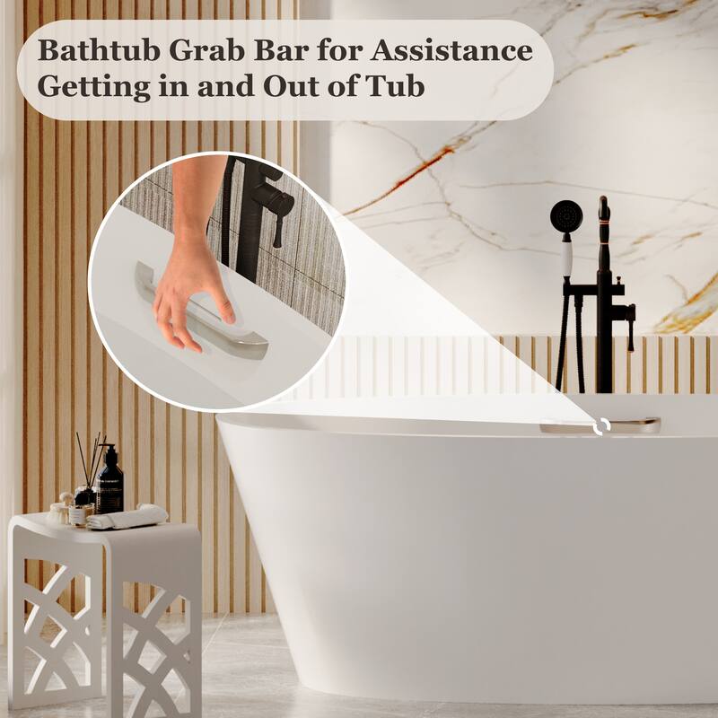63 in. x 30 in. Solid Surface Stone Resin Freestanding Soaking Bathtub in. White with Tub Grab Bar and Drain Assembly