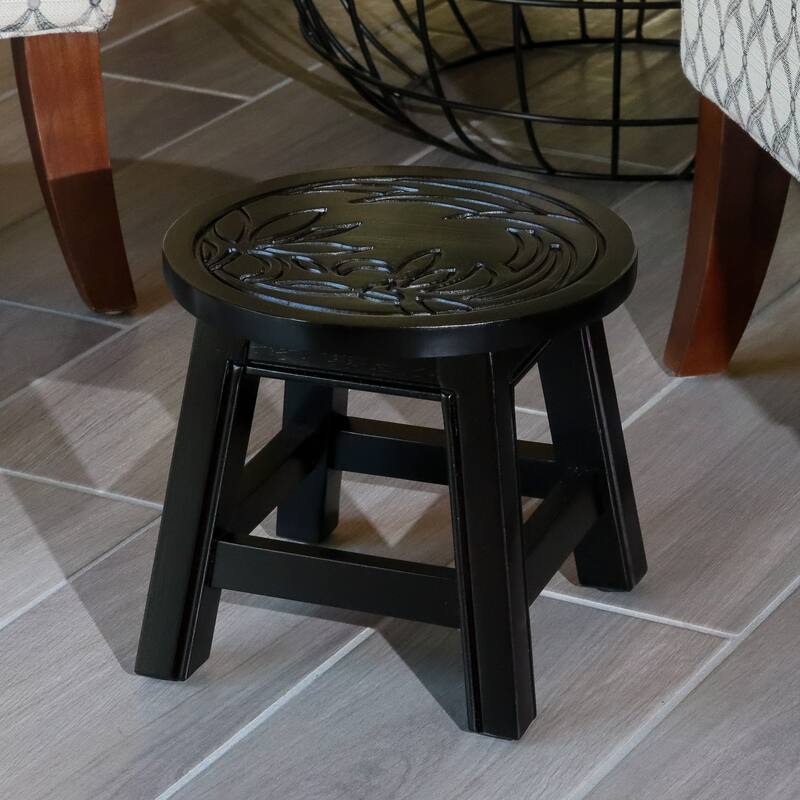 Carved Wooden Step Stool Stepstool Floral - 11.00"x11.00"x10.00"in - Black