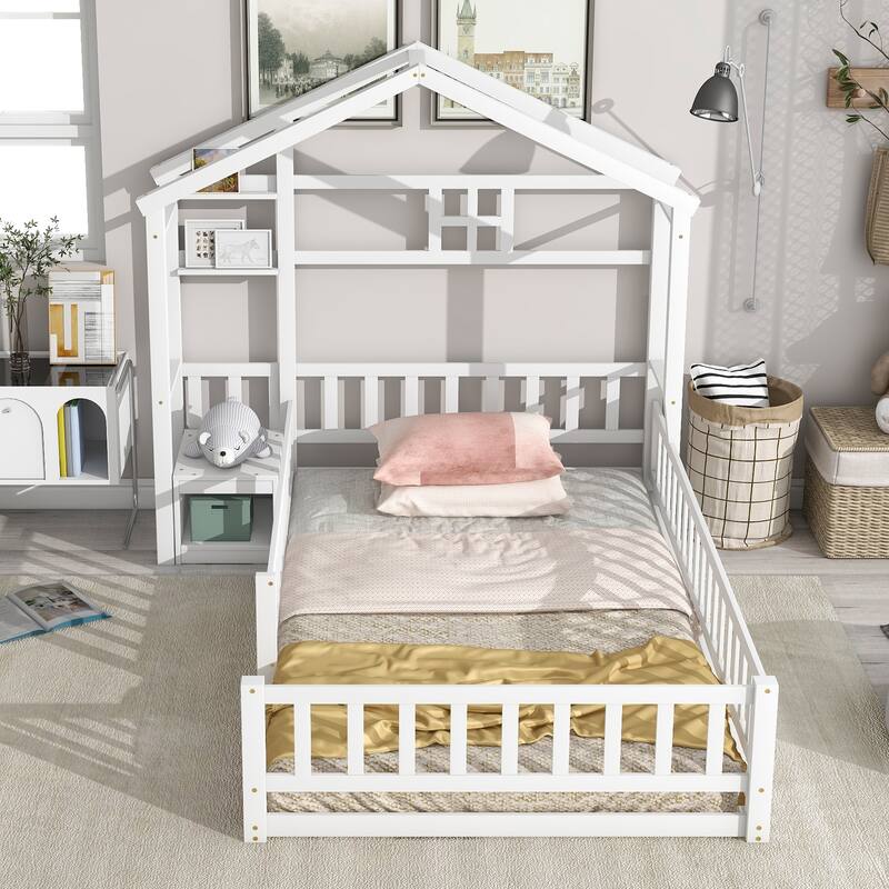 Twin Size House-Style Headboard Platform Bed with Guardrails and Stand