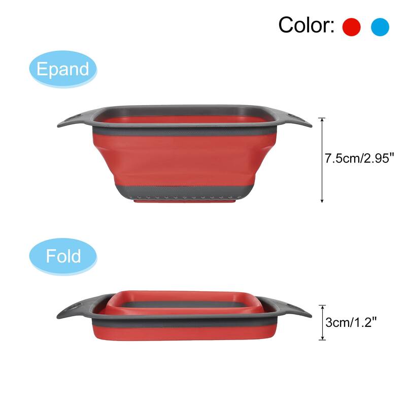Collapsible Colander Set, 2 Size Silicone Square Strainer - blue red - 24cm x 18.4cm x 7.5cm