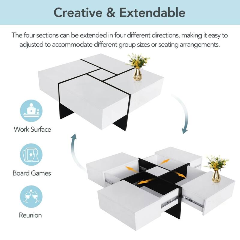 Modern UV High-gloss Design Coffee Table with 4 Hidden Storage and Extendable Sliding Tabletop