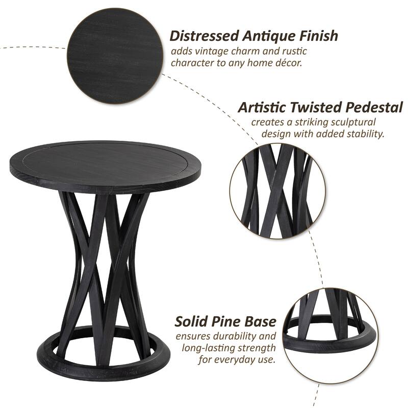 COZAYH Round Farmhouse End Table with Crisscross Pedestal Base, Distressed Finish Side Table Rustic Accent Table, Black