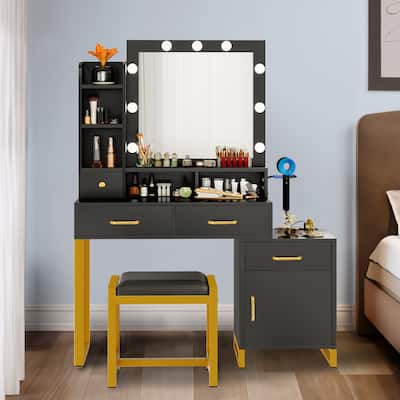 Makeup Table 9 LED Lights with 4 Drawers Vanity Set Dressing Desk Stool Mirror - 37.4"L X 15.3"W X 53.9"H