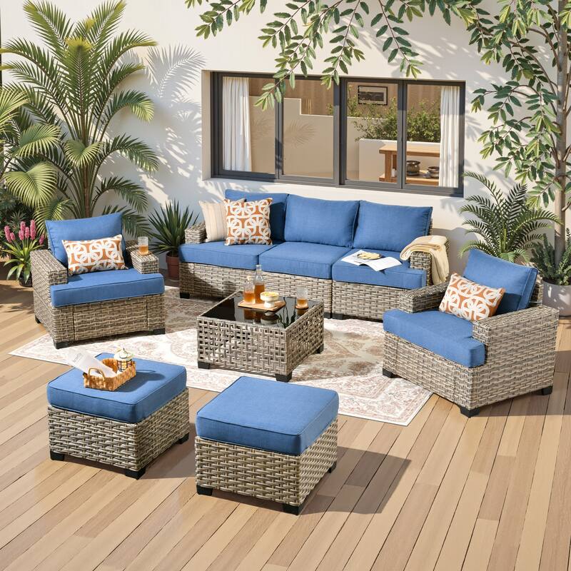 HOOOWOOO 8-piece Outdoor Wicker Patio Furniture Set with Coffee Table - Diamond Blue