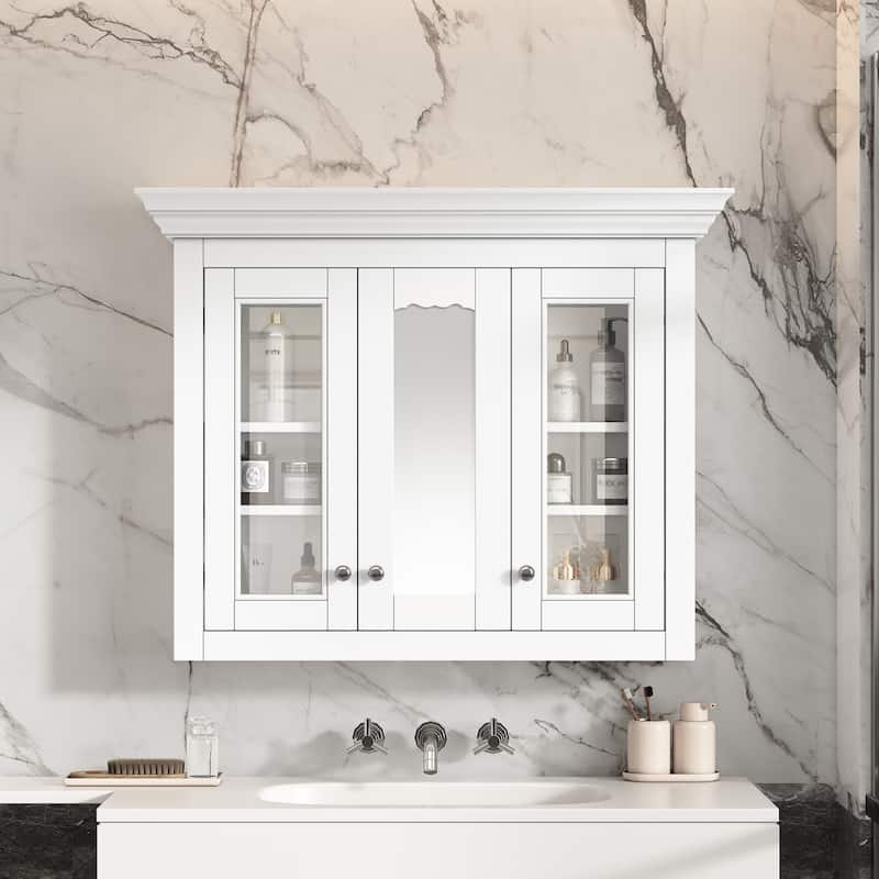 35-Inch Bathroom Storage Cabinet With Mirror, 5 Adjustable Shelves, And Glass Doors, Designed For Wall Mounting - 35"