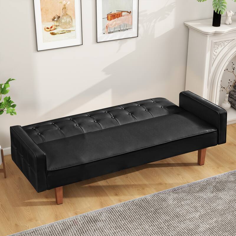 Mid-Century 74” in PU Leather Futon Sofa Bed, Button Tufted Sofa 3-Seat for Living Room Bedroom
