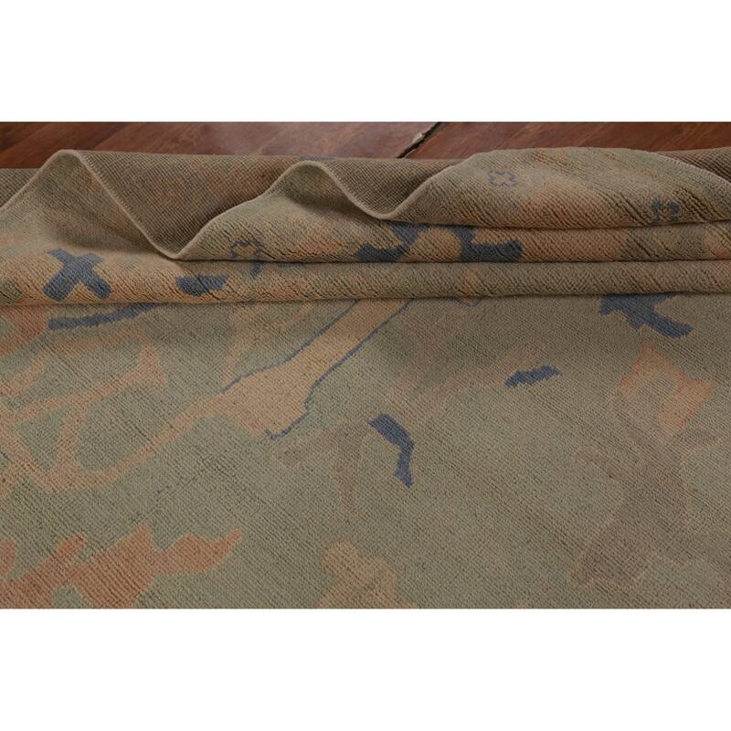 Hand Knotted Oriental 100% Wool Carpet Transitional All-Over Green Oushak Area Rug - 12' 4'' X 9' 3''