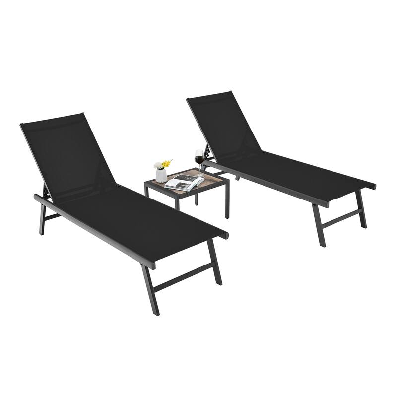 Outdoor 3 Piece Chaise Lounge Set with Coffee Table, Adjustable Reclining Patio Chairs Black - 62" x 24" x 42.5"