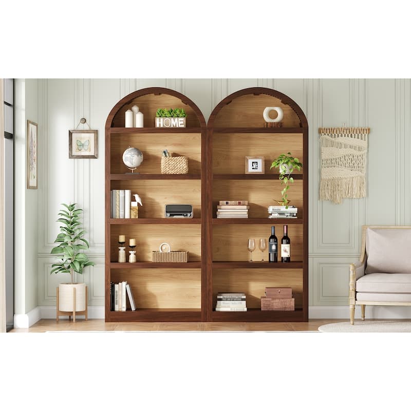 Freestanding Tall Bookshelves Set of 2, Farmhouse Two-Tone Open Storage Cabinet with Fabric Arched Top, 5-Tier Display Bookcase