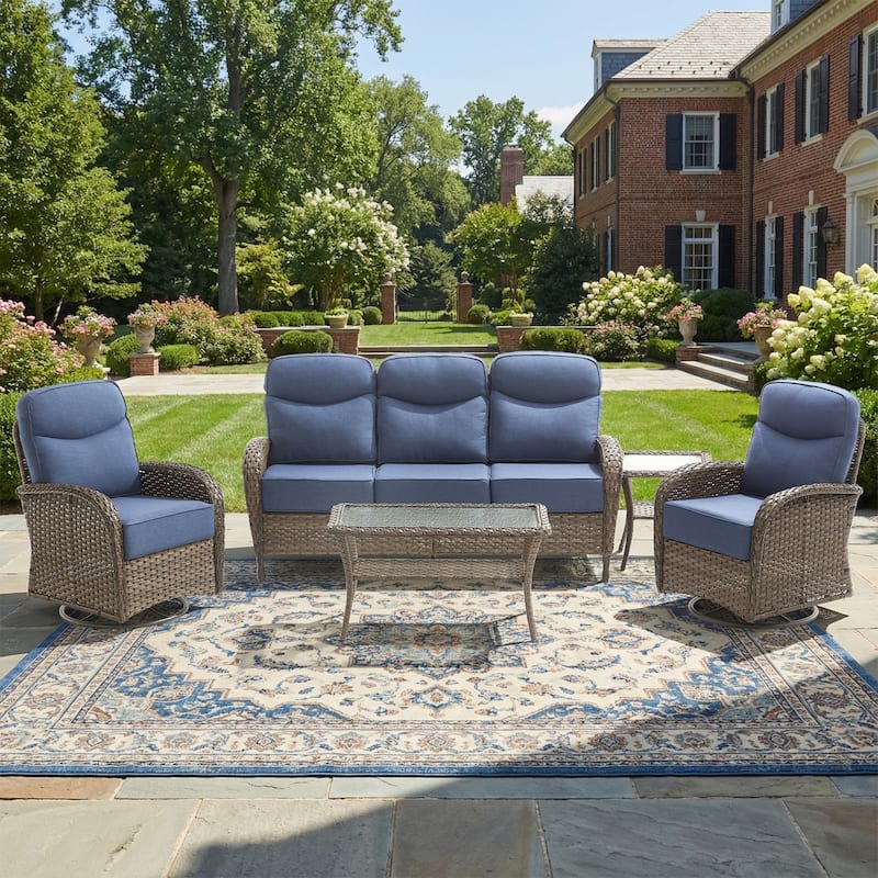Pocassy Outdoor Wicker Patio Sofa with Swivel Chair and Coffee Table - Brown Wicker Blue Cushion - 5-Piece Sofa Swivel Chair with Table