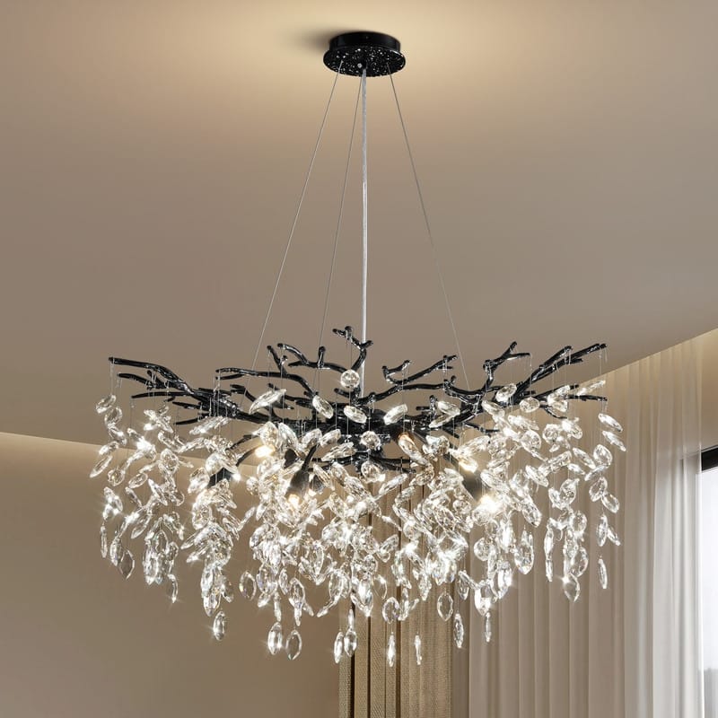 Modern Round Branch Crystal Chandelier, 600-1200mm Diameter, Marquise Cut Crystal Pendant Light - 30in - Black