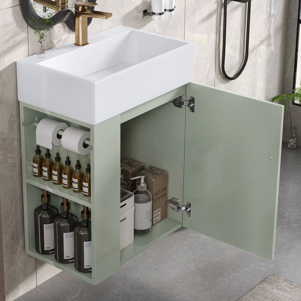 Wall-mounted Small Bathroom Vanity with Ceramic Sink, Floating Ceramic Sink Cabinet with Side Storage Shelves, 20 Inch