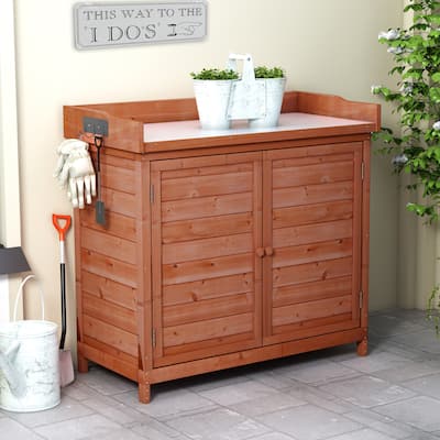 TOPMAX Outdoor Rustic Garden Potting Bench with 2-Tier Storage & Side Hook