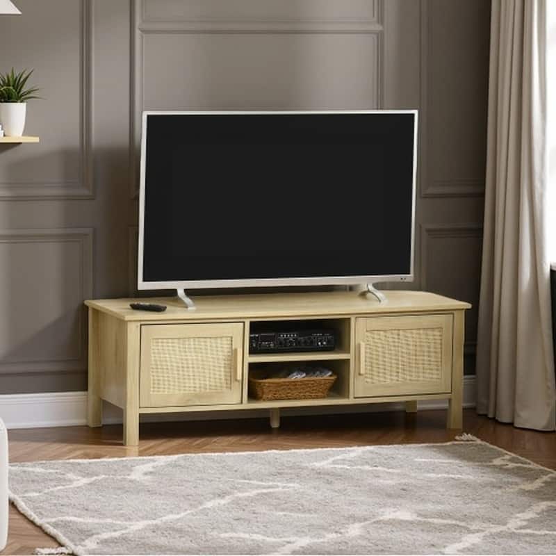 TV Console for 60" TV, Natural Wood Entertainment Center with Rattan Doors, Adjustable Shelves, and Storage Cabinets - Natural Wood