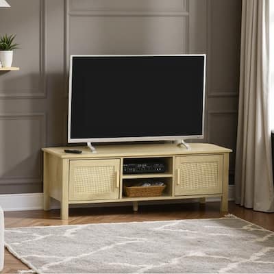 TV Console for 60" TV, Natural Wood Entertainment Center with Rattan Doors, Adjustable Shelves, and Storage Cabinets