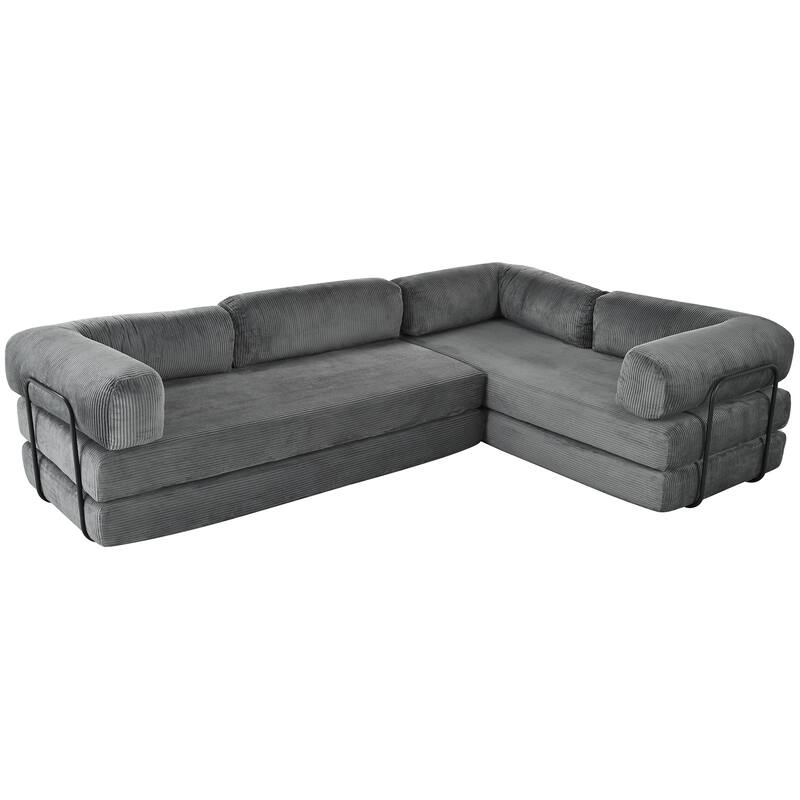L-Shaped Modular Sectional Sofa with Chaise, Corduroy Convertible Sleeper Sofa Bed, High-Resilience Foam Compressed Sofa