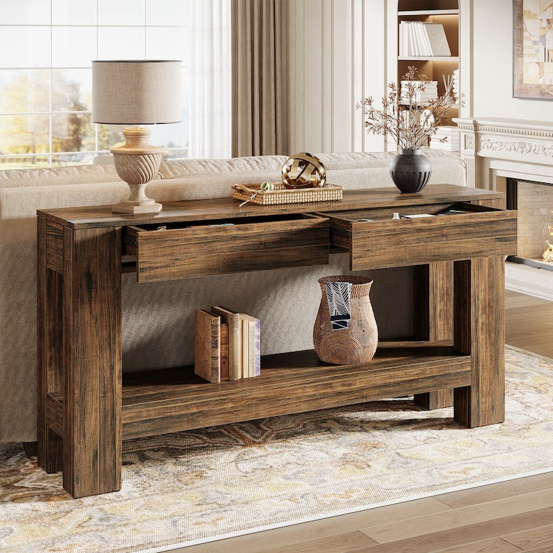 2-Tier Wooden Console Table with 2 Drawers for Entrance - / - Dark Brown