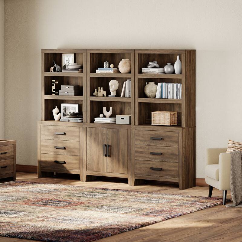 WAMPAT 74" 3-Piece Bookcase, Farmhouse Storage with Doors & Drawers