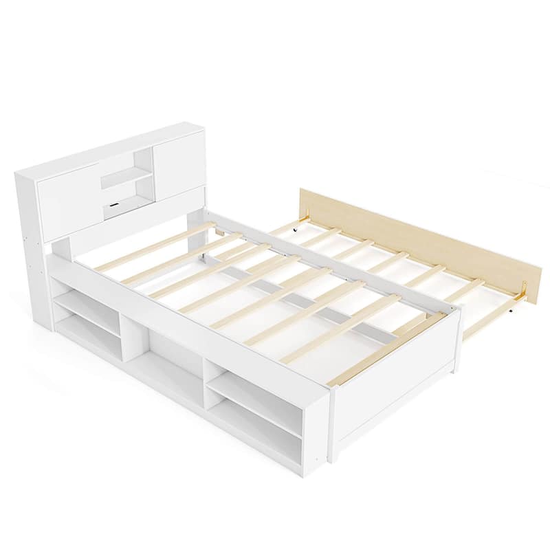 Costway Twin Size Bed Frame with Trundle & Power Outlet Bookcase