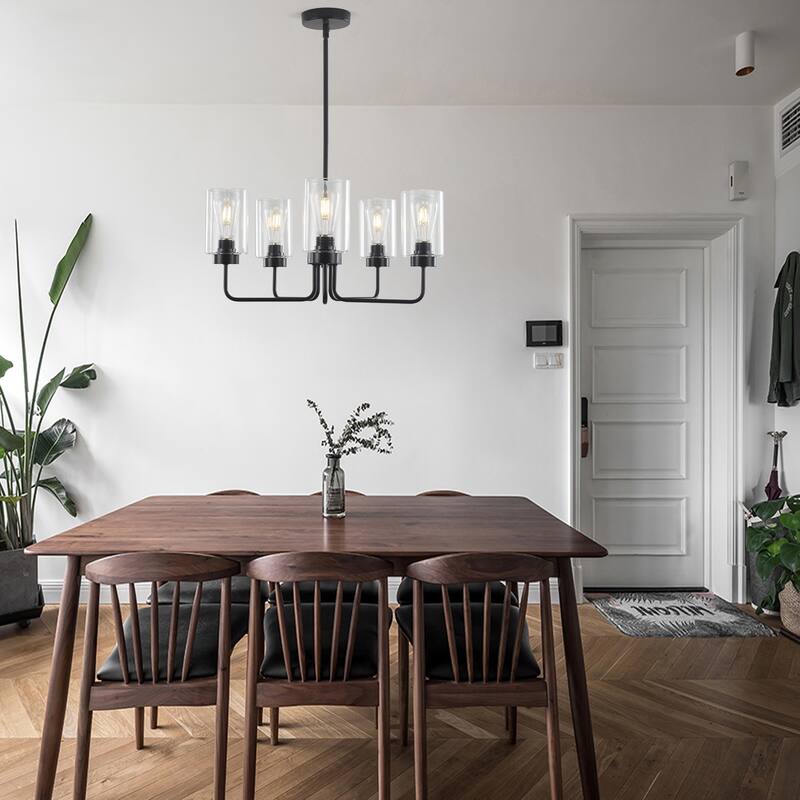 22" wide 5-light Glass Chandelier, Industrial Farmhouse Ceiling Light with Glass Lampshade for Living room, Dining room, Kitchen