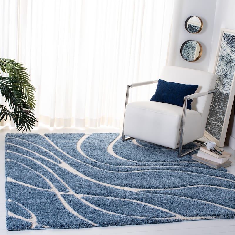 SAFAVIEH Florida Shag Sigtraud Abstract Waves 1.2-inch Thick Rug - 5' Square - Light Blue/Cream - Square