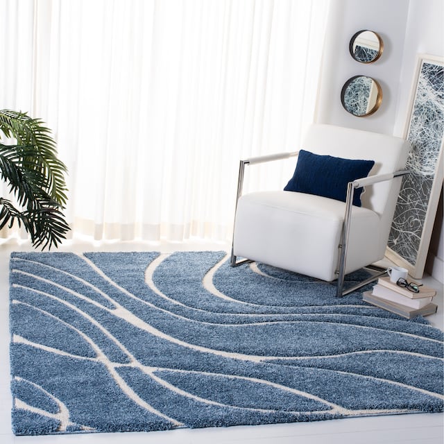 SAFAVIEH Florida Shag Sigtraud Abstract Waves 1.2-inch Area Rug - 8' x 8' Square - Light Blue/Cream