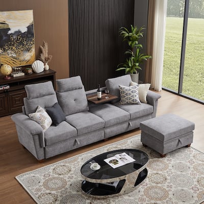 109" Modern 4 Seaters Towelling Sectional Sofa with Hidden Coffee Table and Large Storage Space