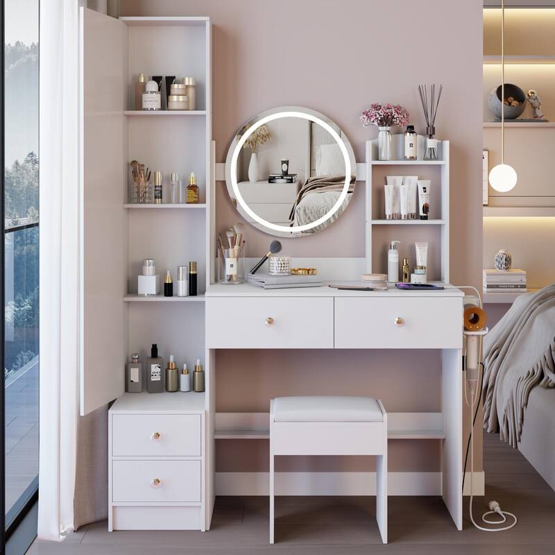 Full Body Mirror Cabinet + Round Mirror LED Vanity Table + Cushioned Stool, With 2 AC + 2 USB Power Station