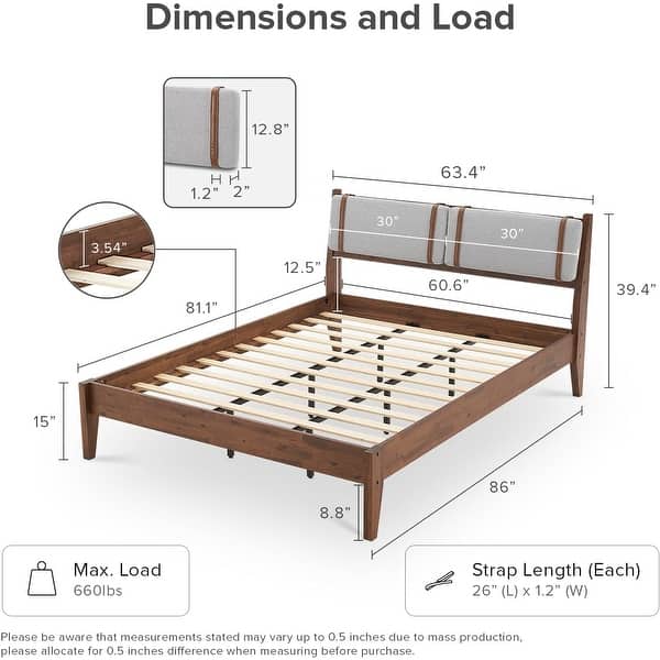 dimension image slide 1 of 10, Mopio Ted Acacia Solid Wood Bed Frame with Headboard