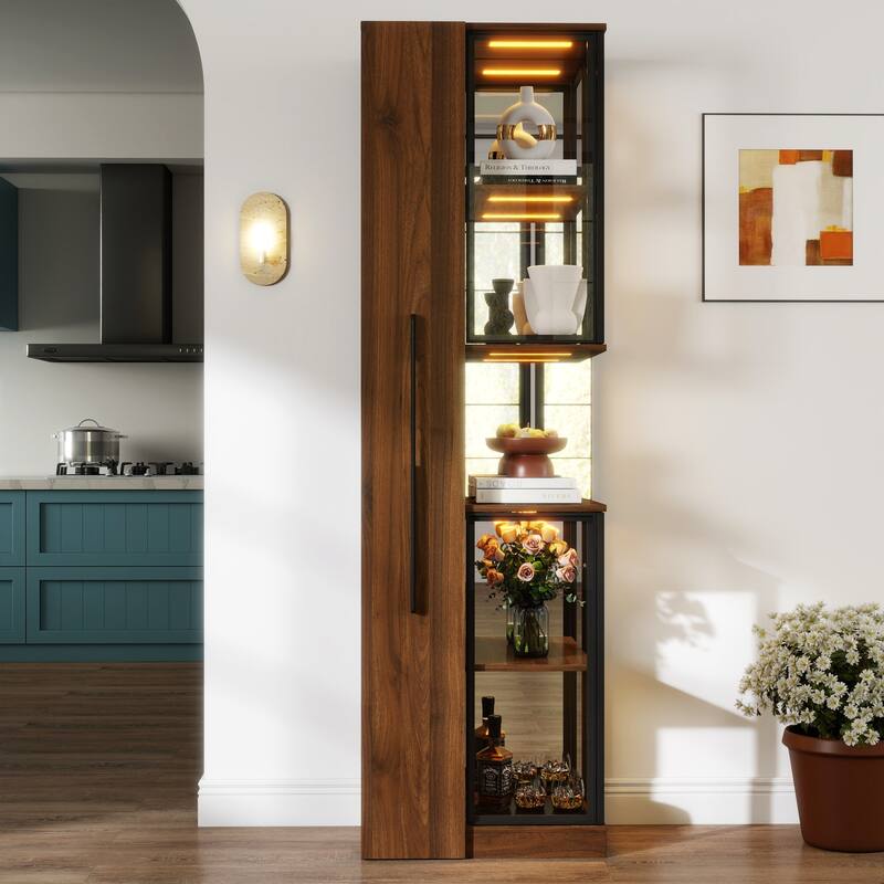 70" Display Cabinet with Glass Doors and Lights, with multi-functional pull-out multi-tier storage shelf