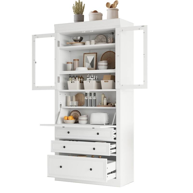 Freestanding 78" Tall Kitchen Pantry Storage Cabinet with Drop-Down Surface and Adjustable Shelves,Power Outlet for Organization