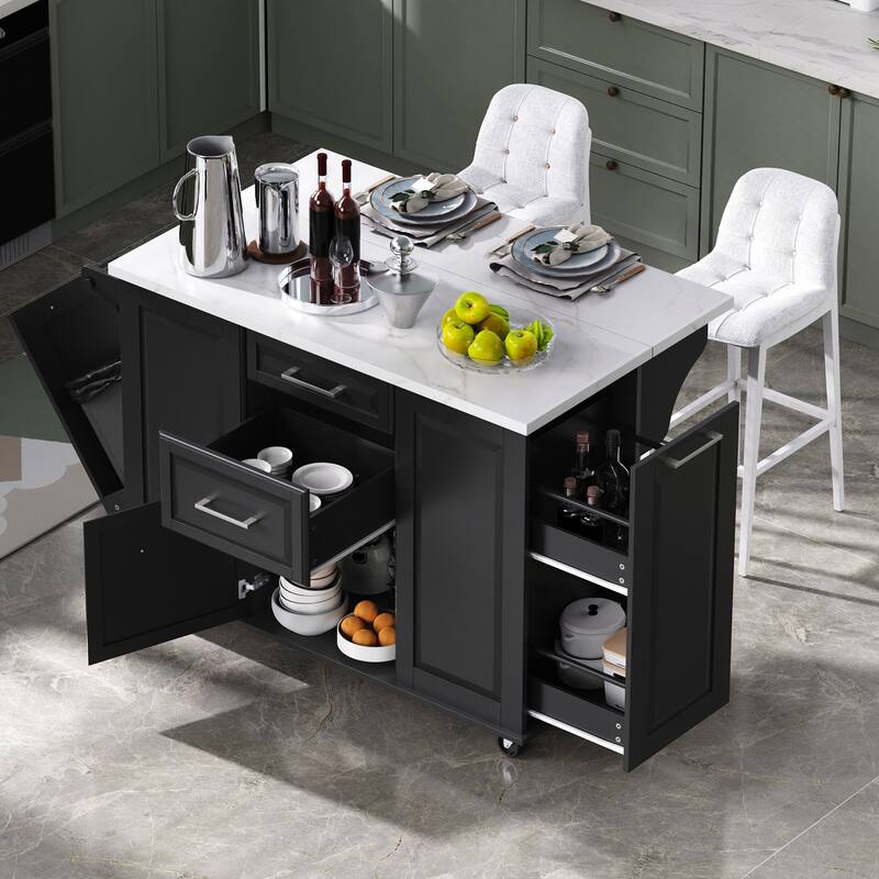 Retro Kitchen Island with Tilted Trash Can Cabinet, 2 Drawer Pull Out Cabinet Organizer and Folding Board, for Kitchen