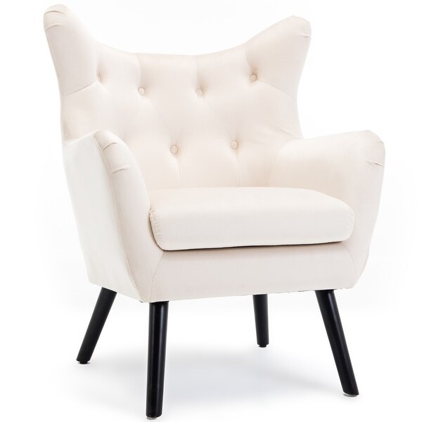 BELLEZE Wingback Chair Accent Button Tufted Trim High-Back Armrest, Cream